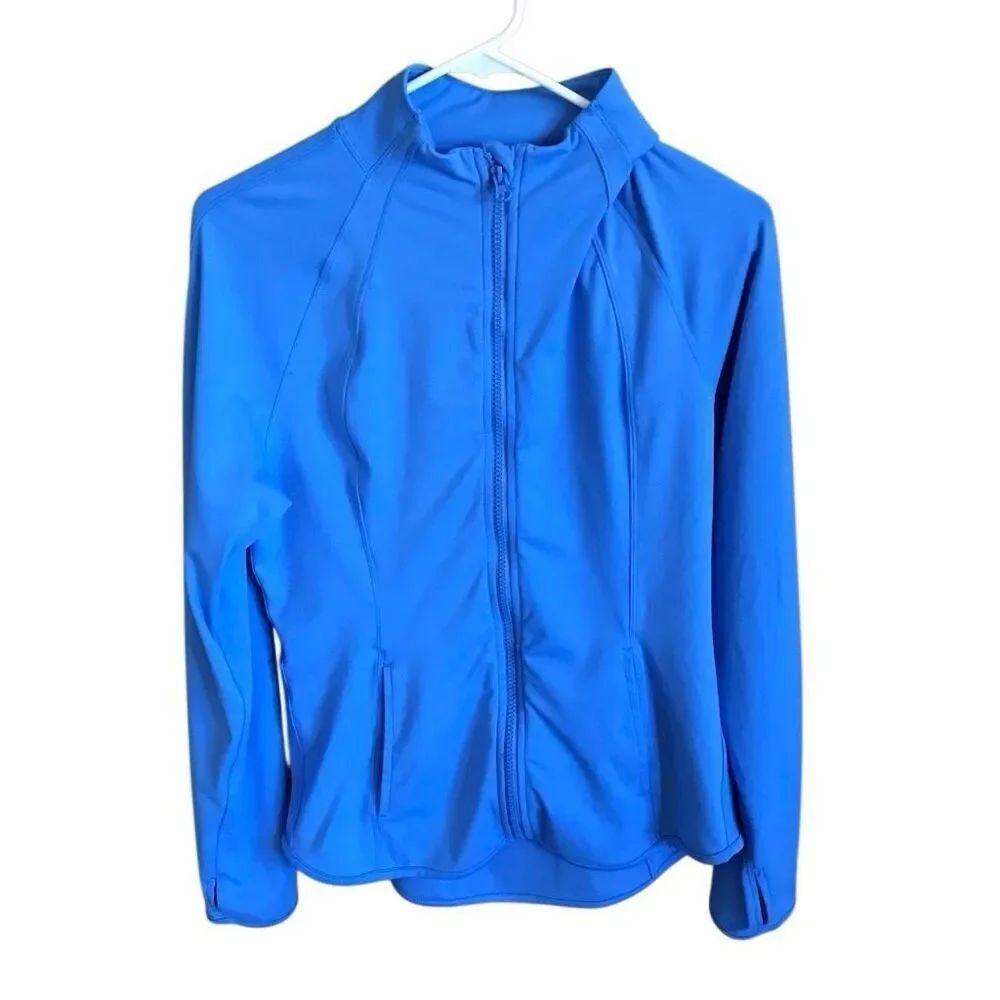 Yogalicious Rebel Lux flare full Jacket Size Large Blue zip front thumb holes